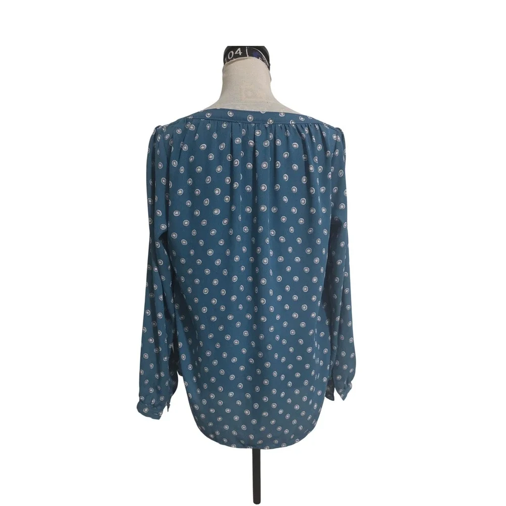 Loft Outlet Womens Blue Geometric Print Long Sleeve Blouse Size S Crew Neck Top